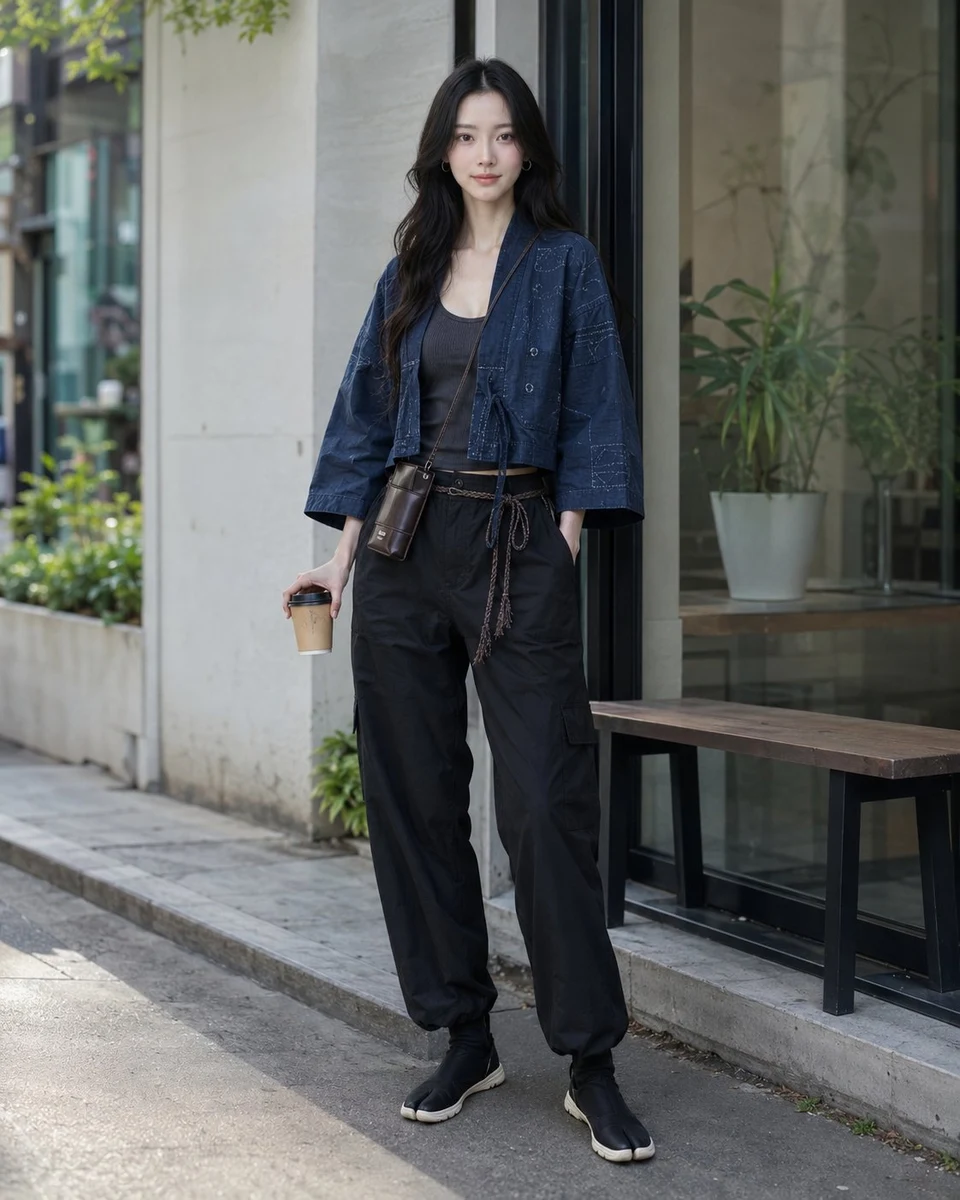 Woman in indigo utility kimono urban street style
