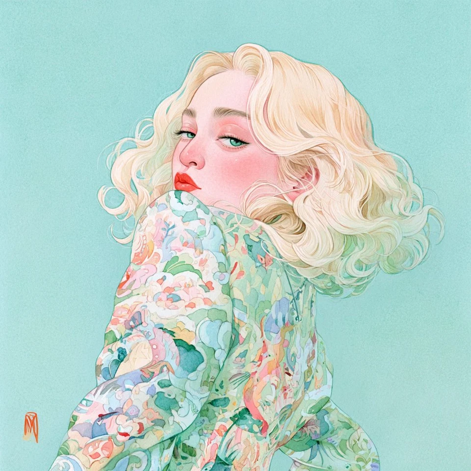 Blonde Woman in Floral Robe Digital Portrait