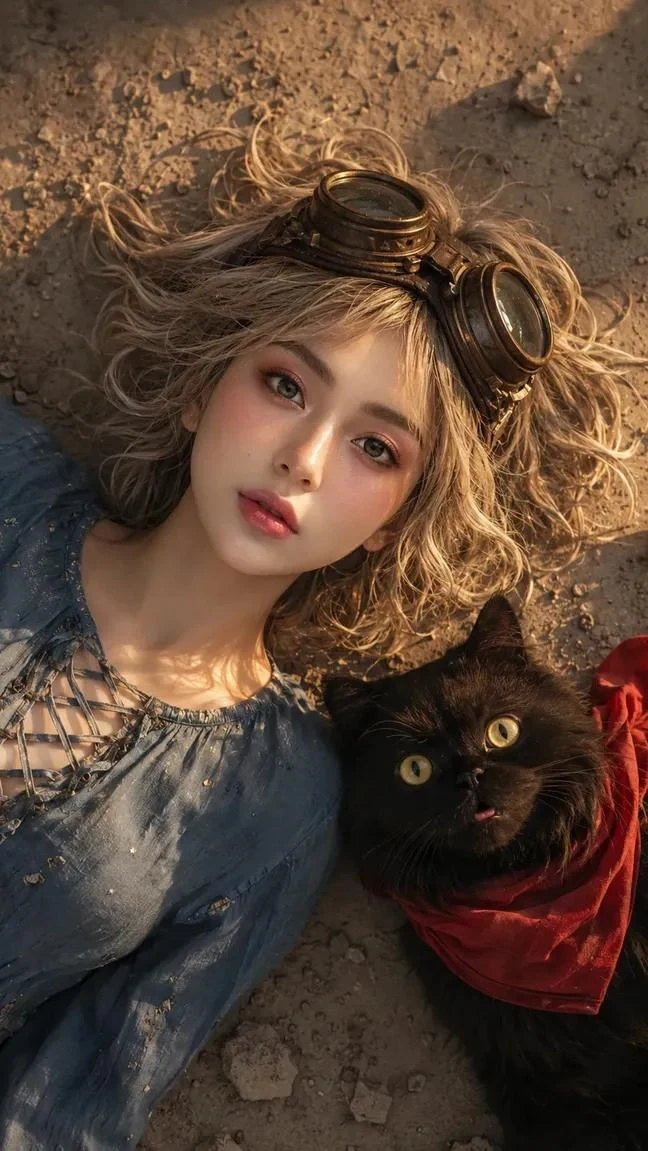 Portrait of a woman and a black cat lying on dusty