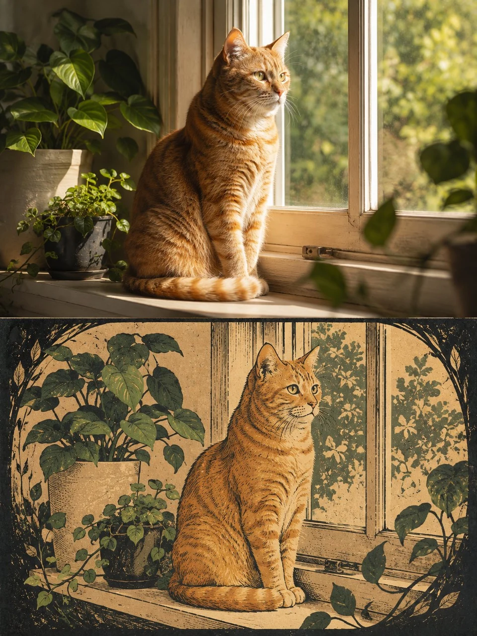 Ginger Cat on Windowsill Woodcut Print