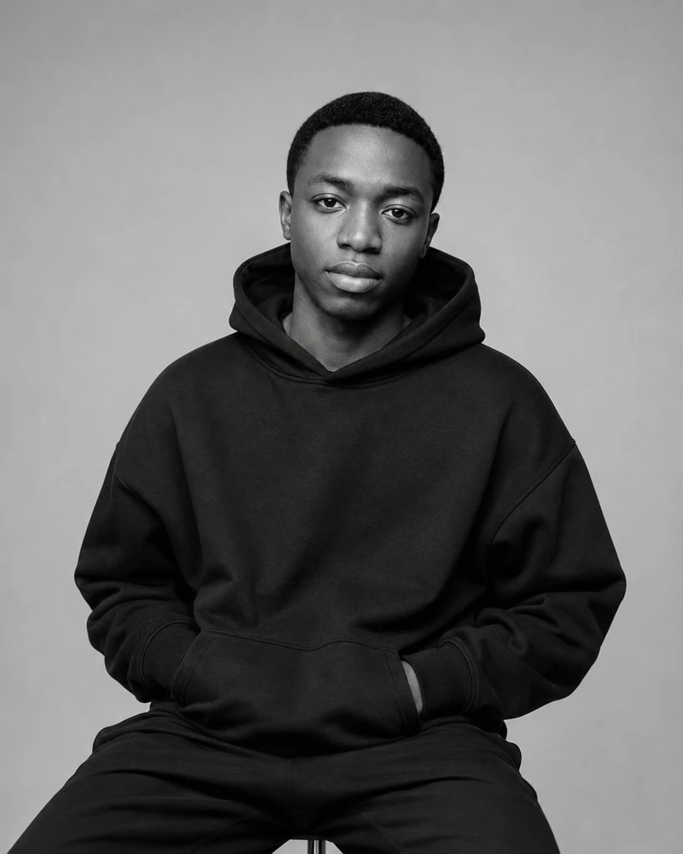 studio portrait of man in black hoodie