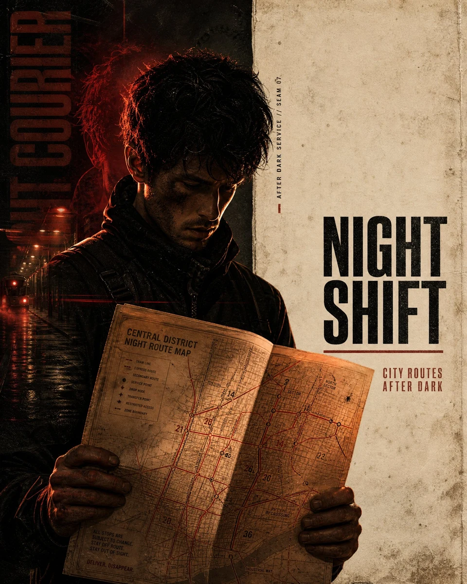 Night courier holding glowing map torn-paper poster