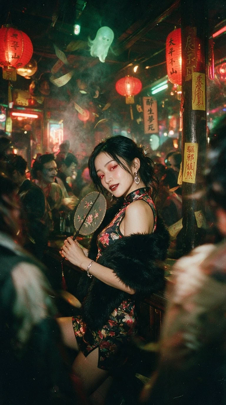 1990s Hong Kong Nightclub Woman in Floral Qipao