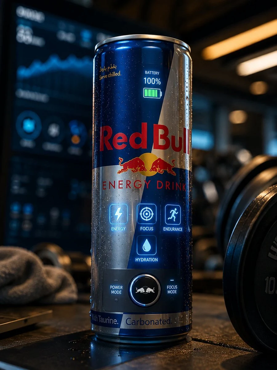 Futuristic Red Bull can in gym with smart interface