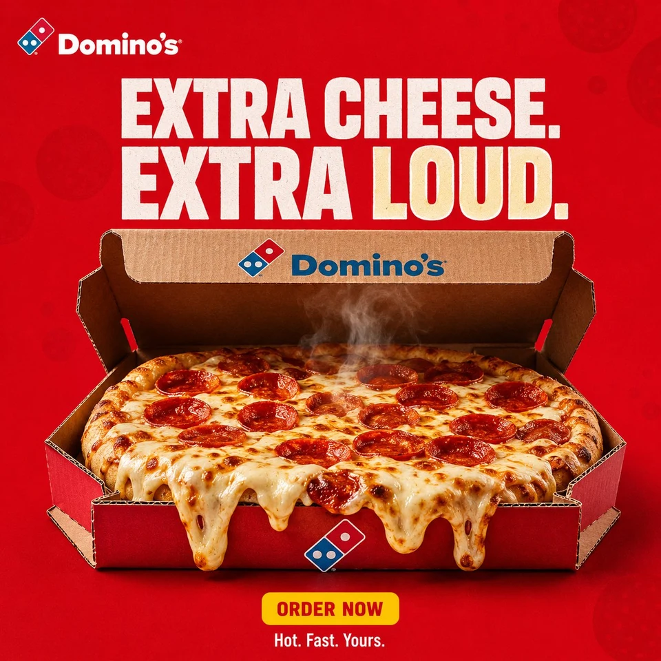 Domino's Extra Cheese pizza in branded box against