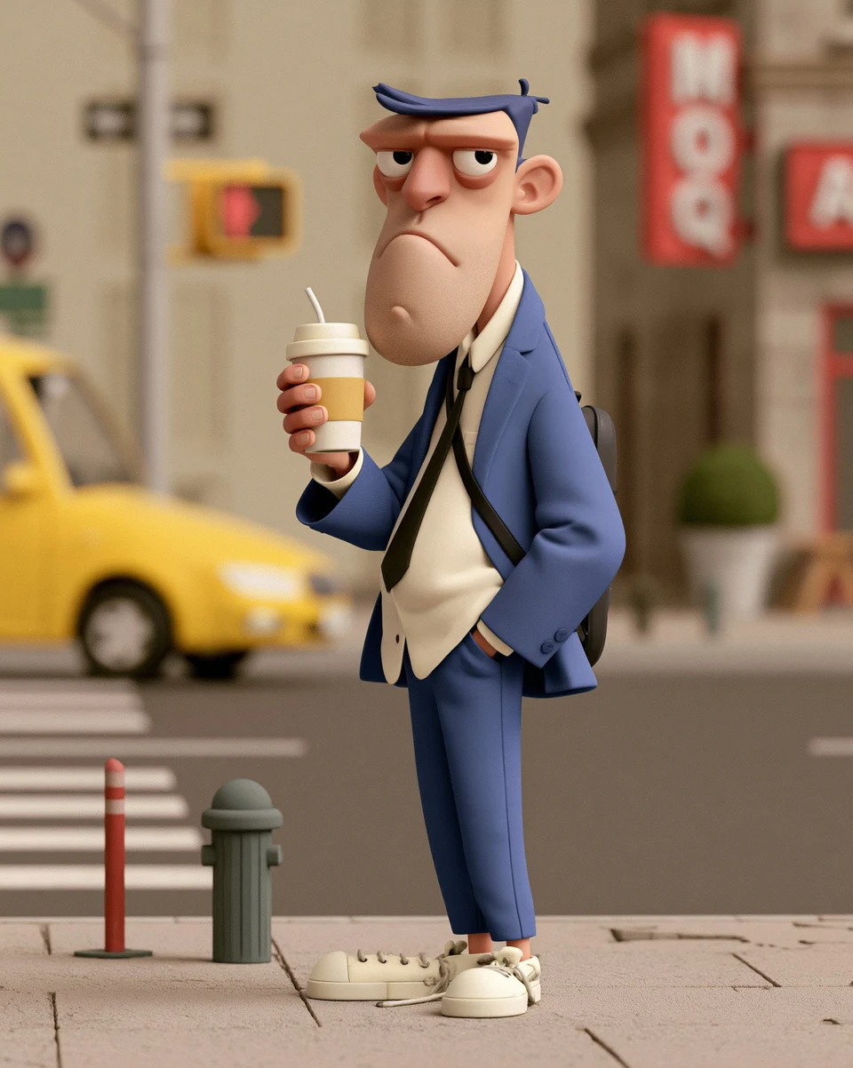 Tired cartoon businessman with coffee on city street