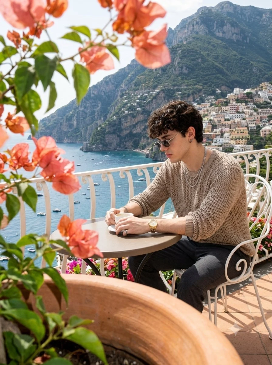 Melancholic man at cliffside cafe, Mediterranean Y2K