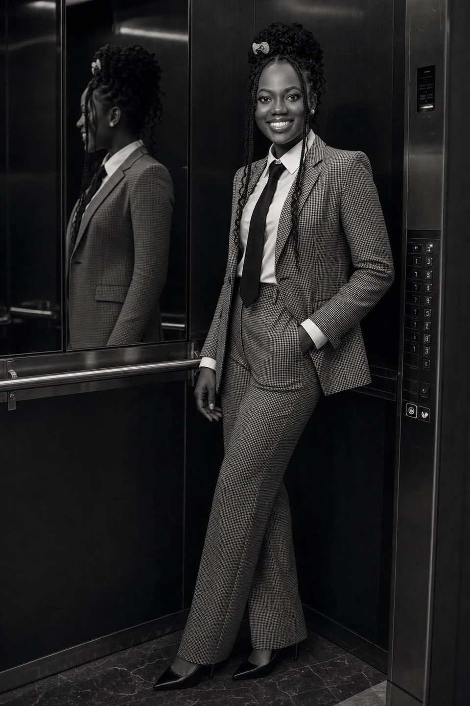 Professional black woman in suit with mirror