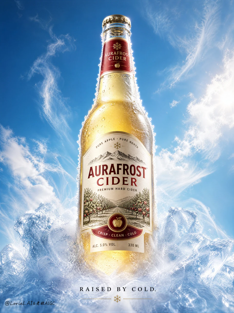 Premium Hard Cider Bottle Rising from Ice