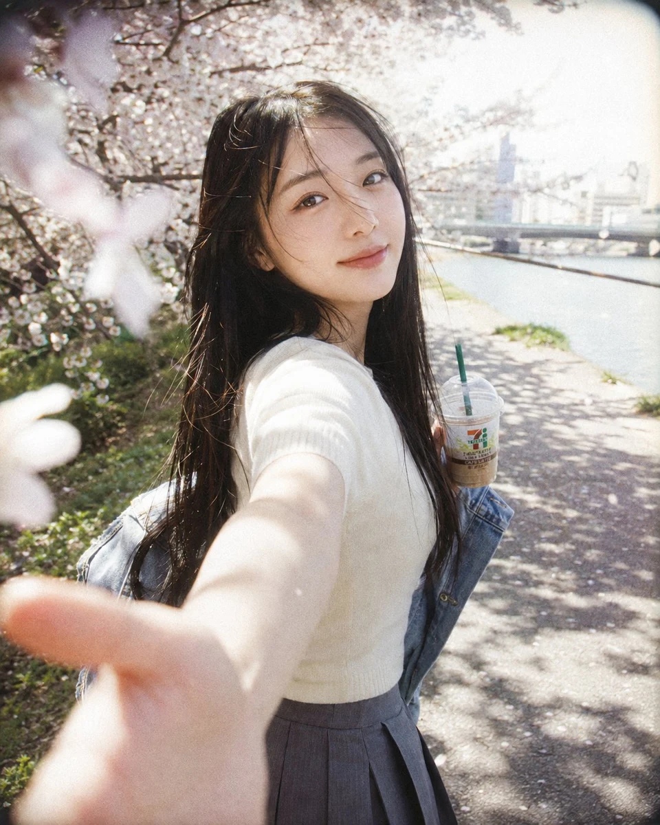 Young woman holding hand with camera under cherry