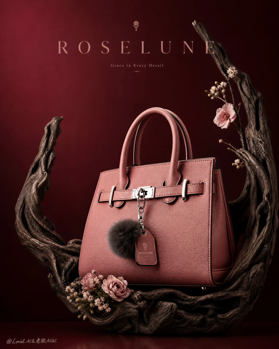 Luxury Pink Leather Handbag on Sculptural Driftwood
