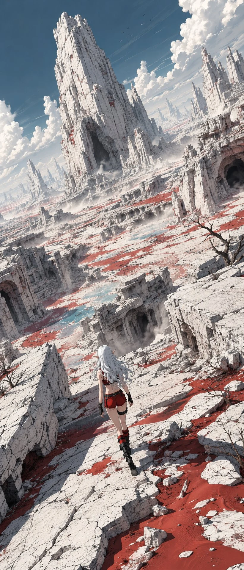 Anime woman walking into surreal limestone desert