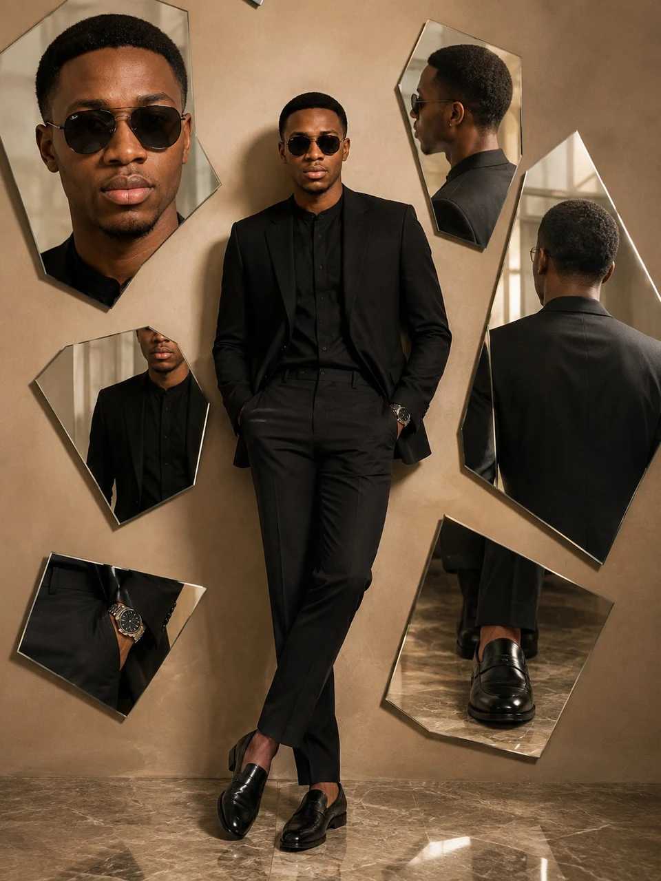 Fashion portrait of a man in black suit with mirror