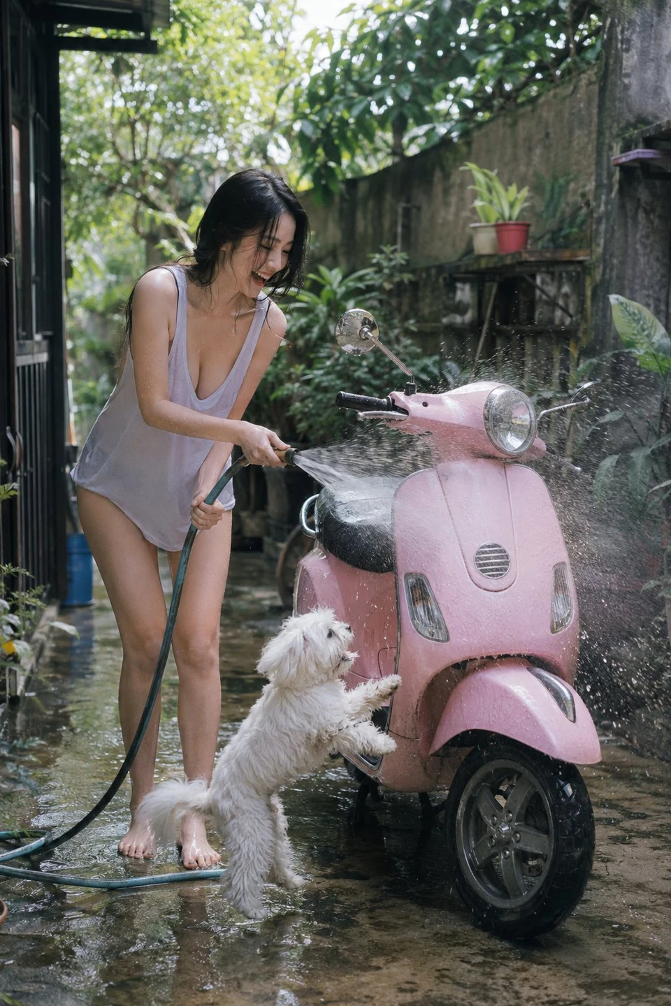 Woman washing pink scooter with dog