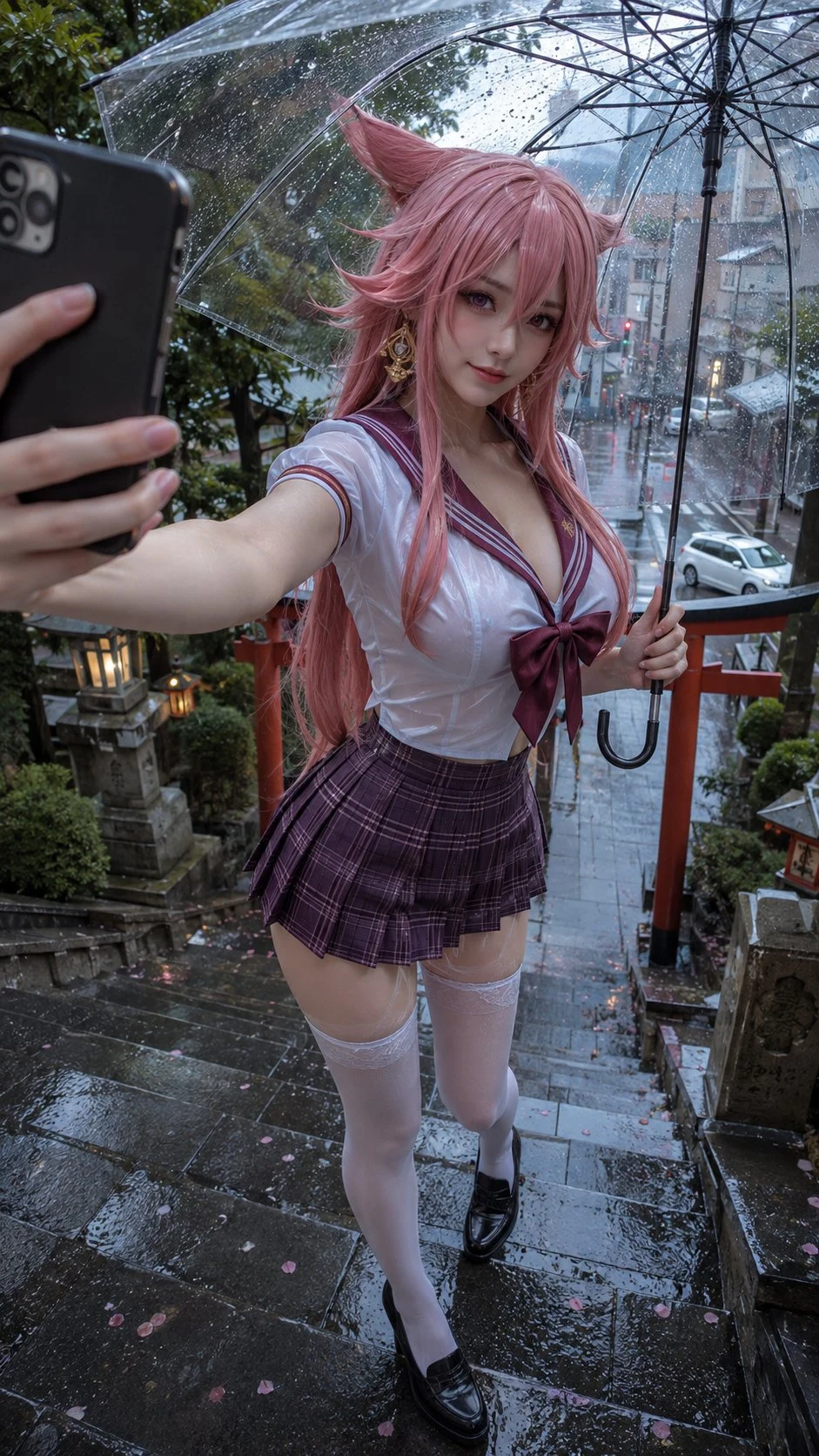 Yae Miko cosplay selfie in rain with transparent