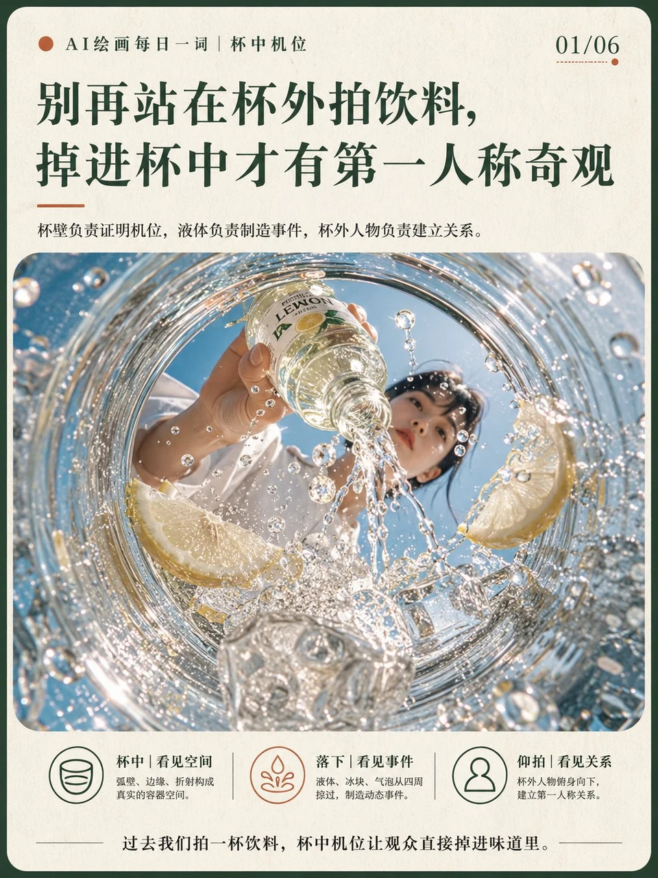 Woman pouring lemonade from inside glass