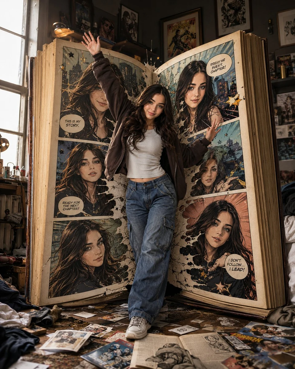 Woman emerging from giant comic book in bedroom