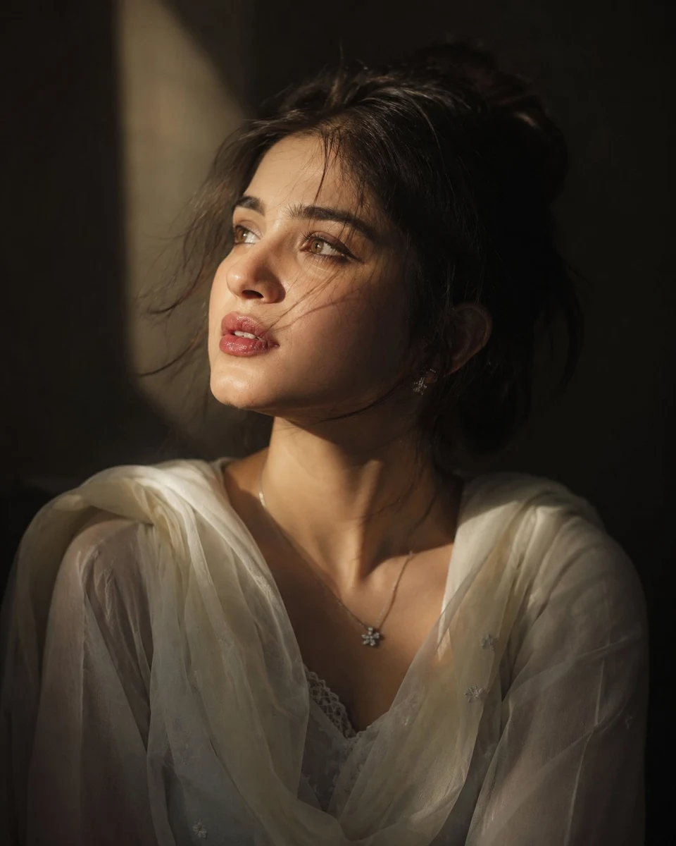 Cinematic portrait of a woman in white traditional