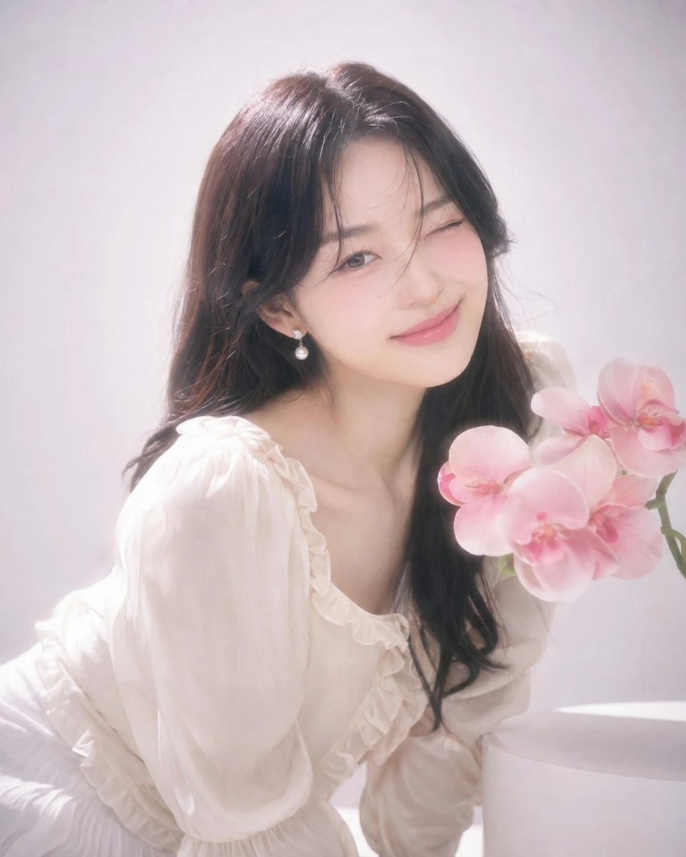 Korean girlfriend portrait with pink orchid