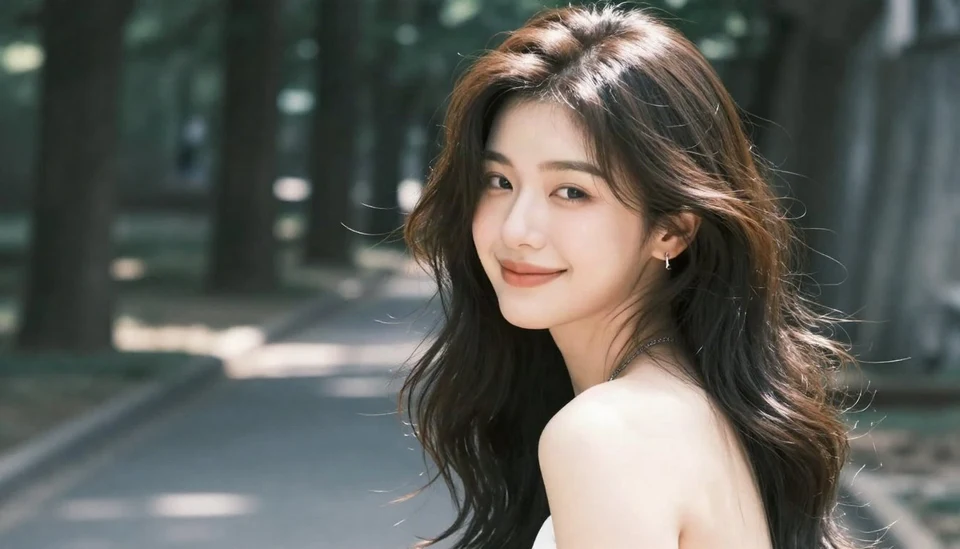Asian woman forest portrait soft sunlight
