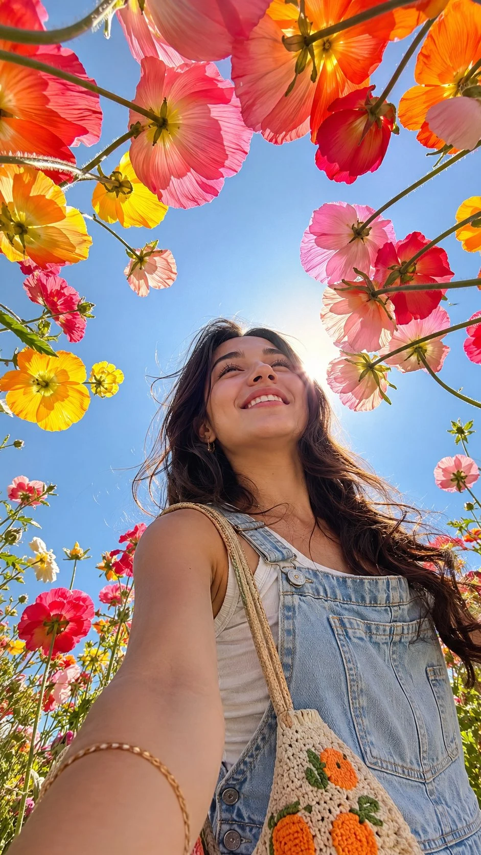 Young woman taking selfie under colorful flowers