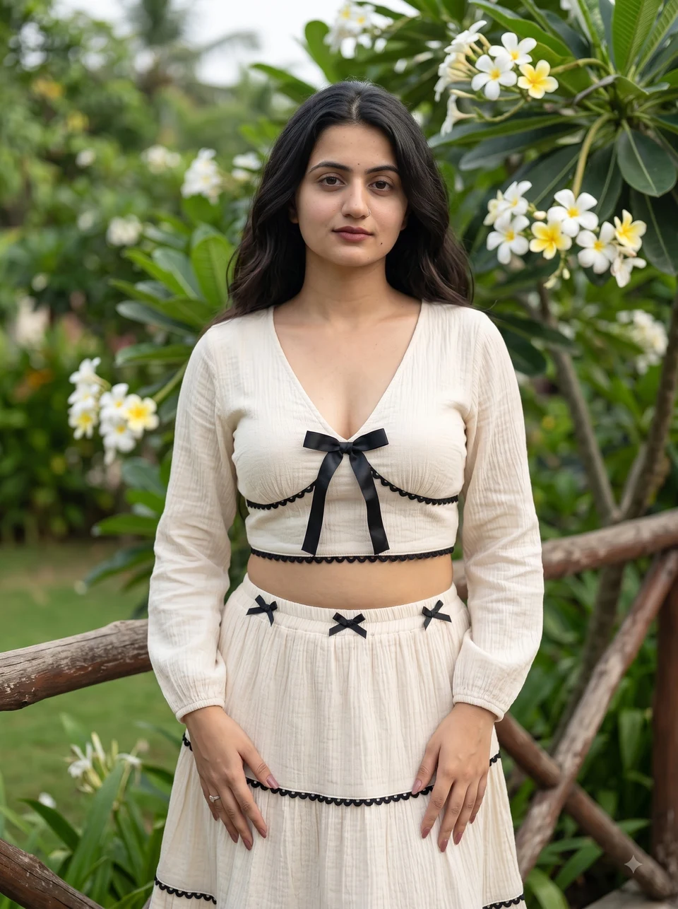 Young Woman in Cream Two-Piece Outfit Amidst
