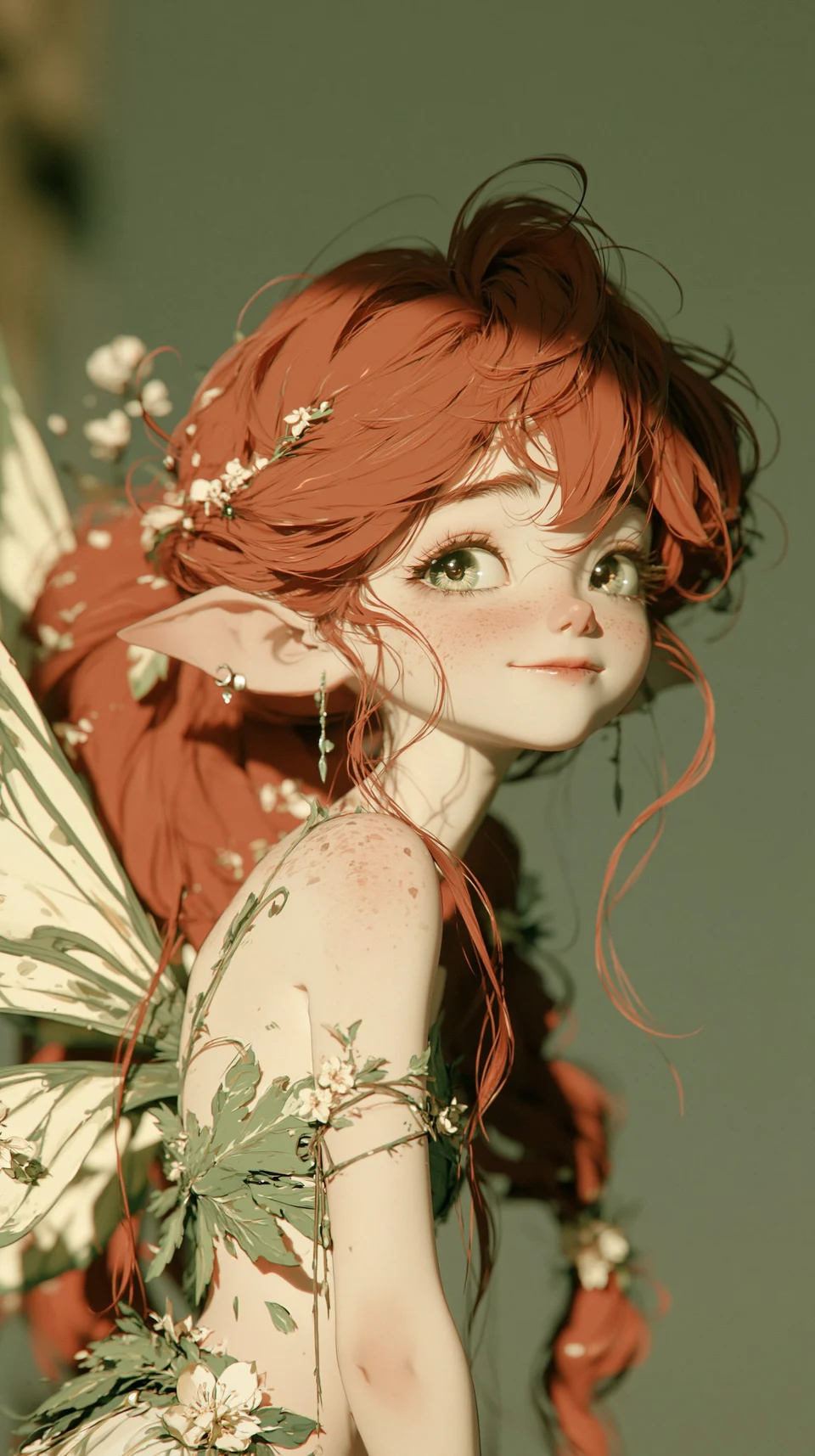 Red-haired fairy with leafy wings and floral