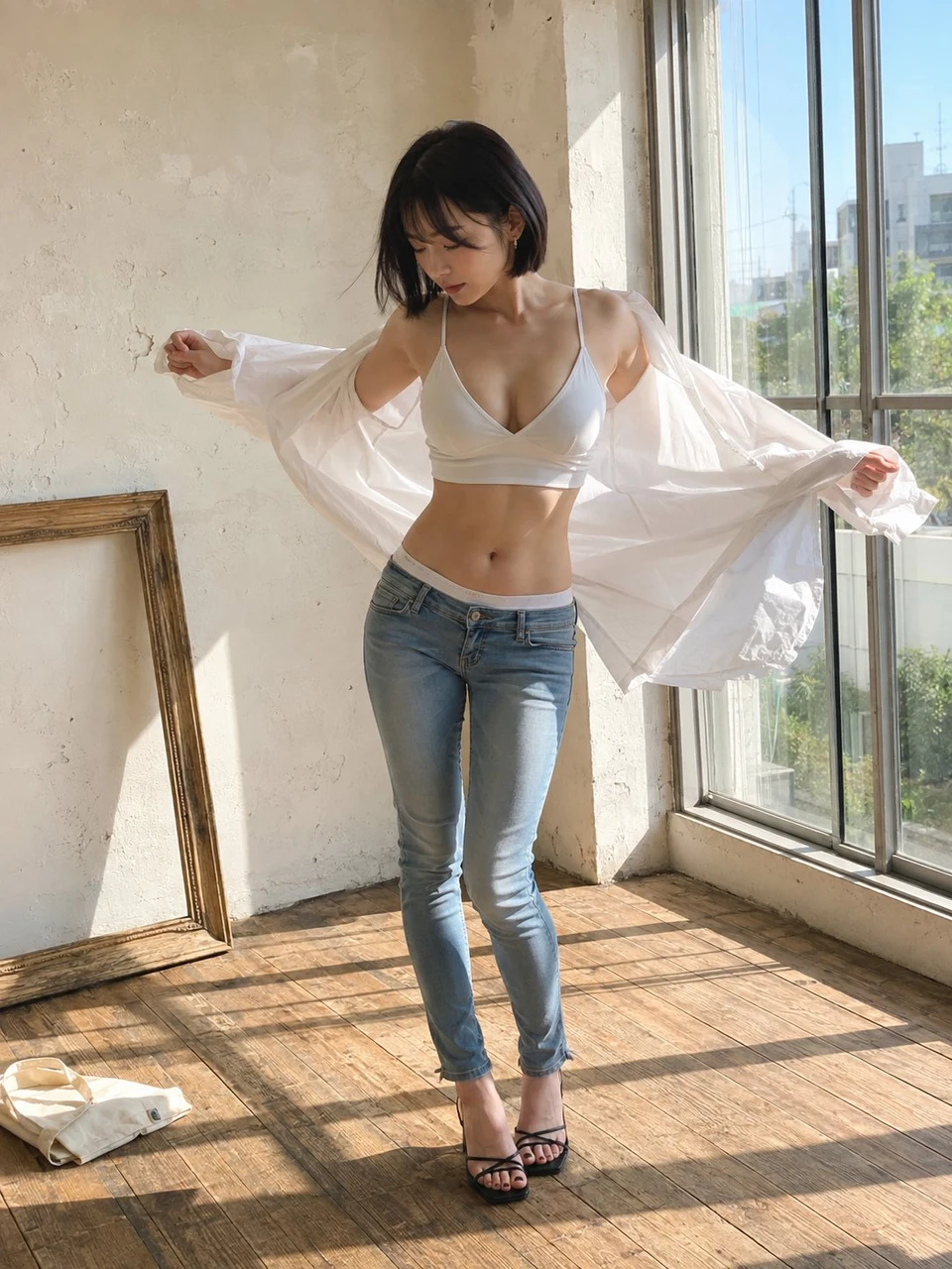 casual woman in white bralette putting on shirt by