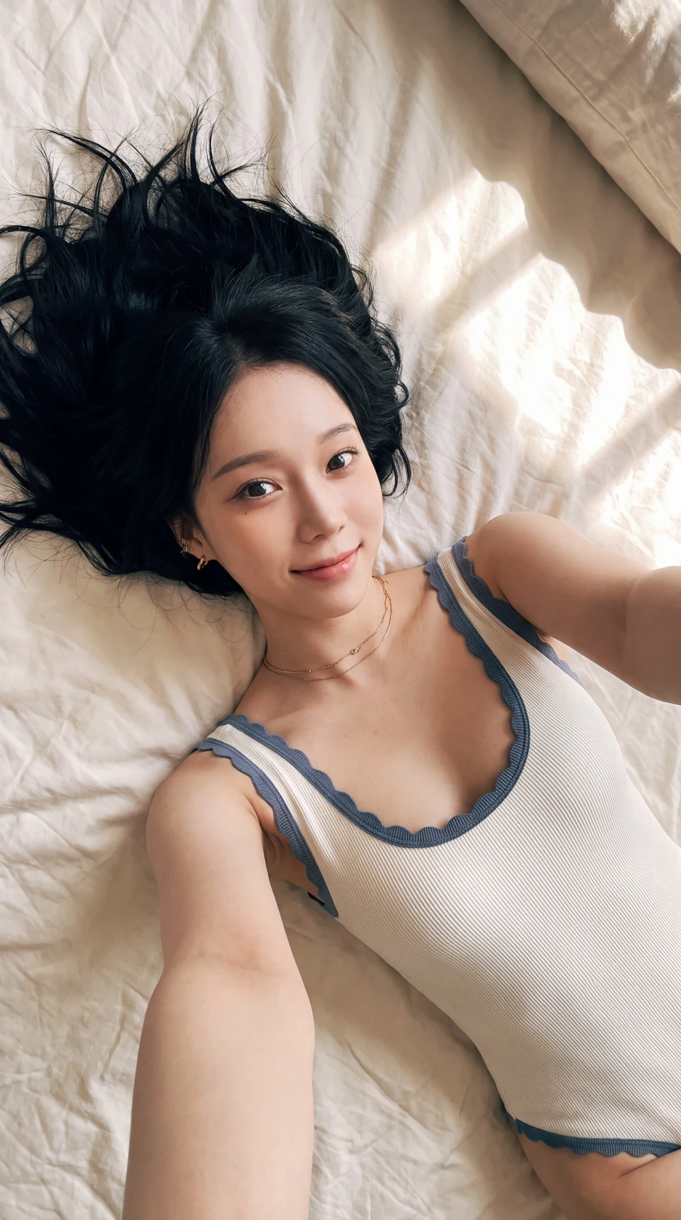 aespa Giselle lying on white bed linens