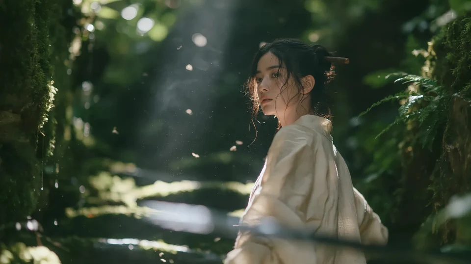Cinematic portrait of East Asian woman in forest