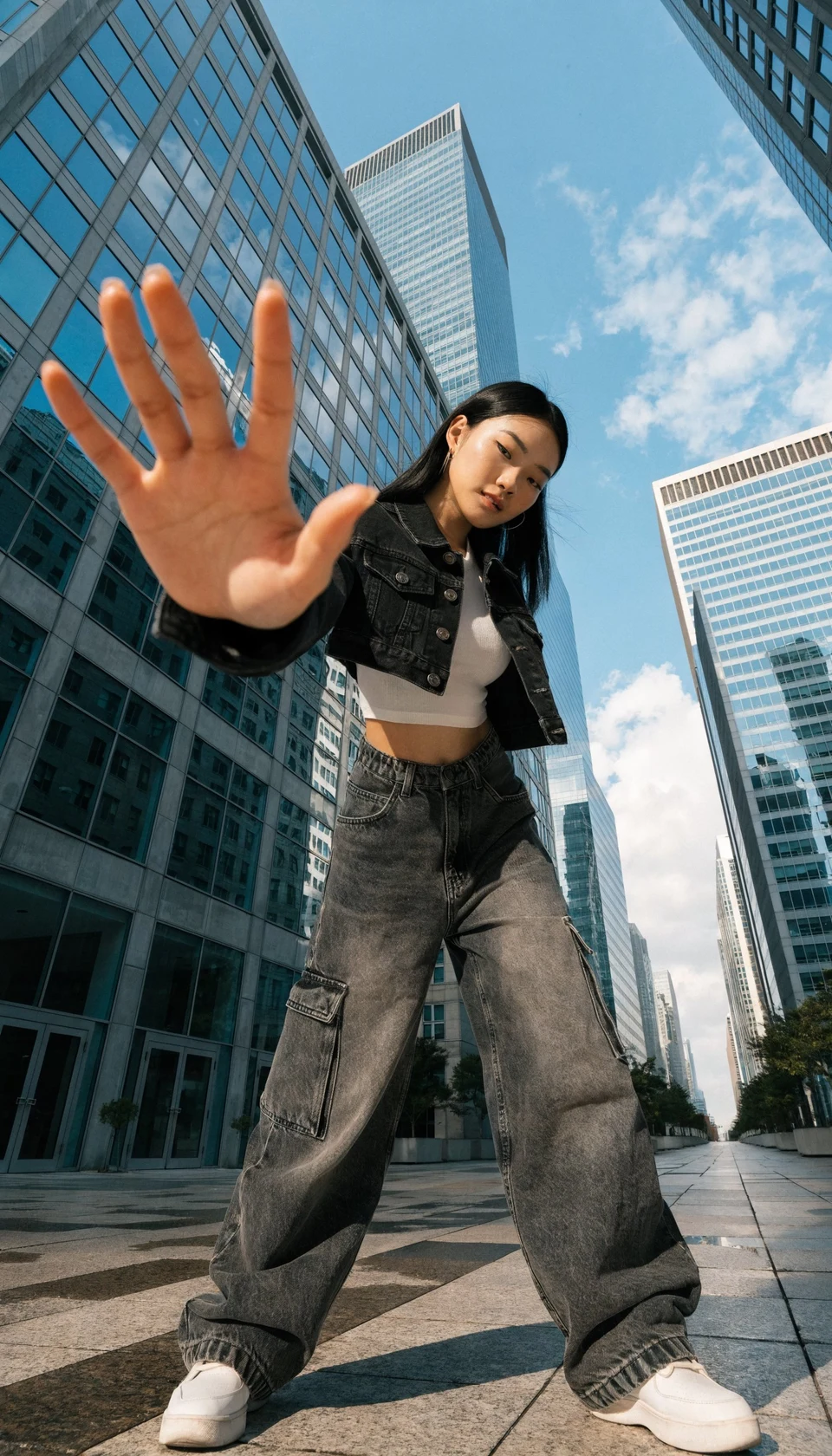 Low angle street fashion portrait of young woman in