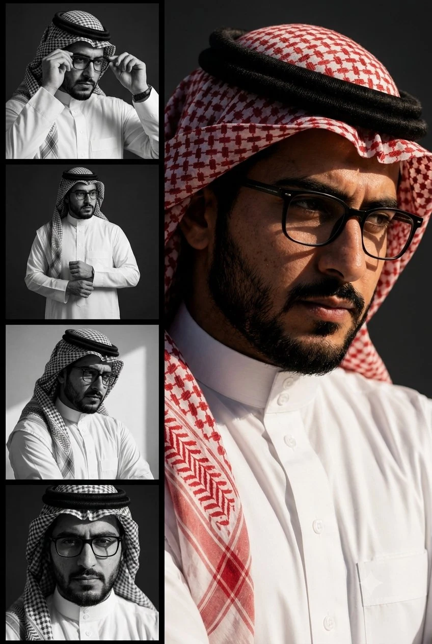 Arabic fashion editorial portrait with red ghutra