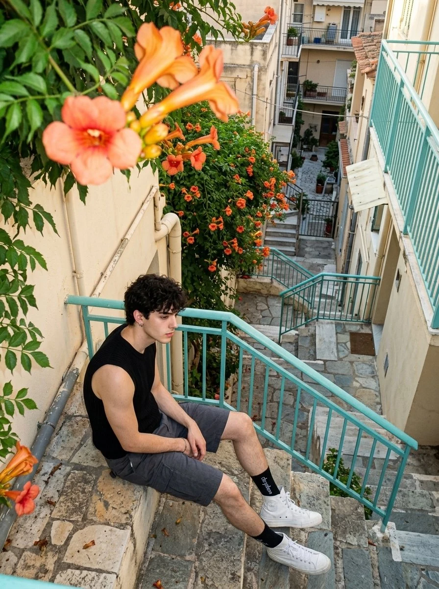 young man resting on mediterranean stairs
