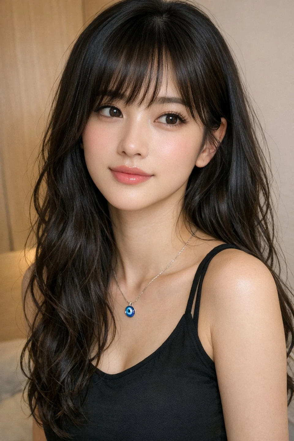 Portrait of young East Asian woman with blue evil
