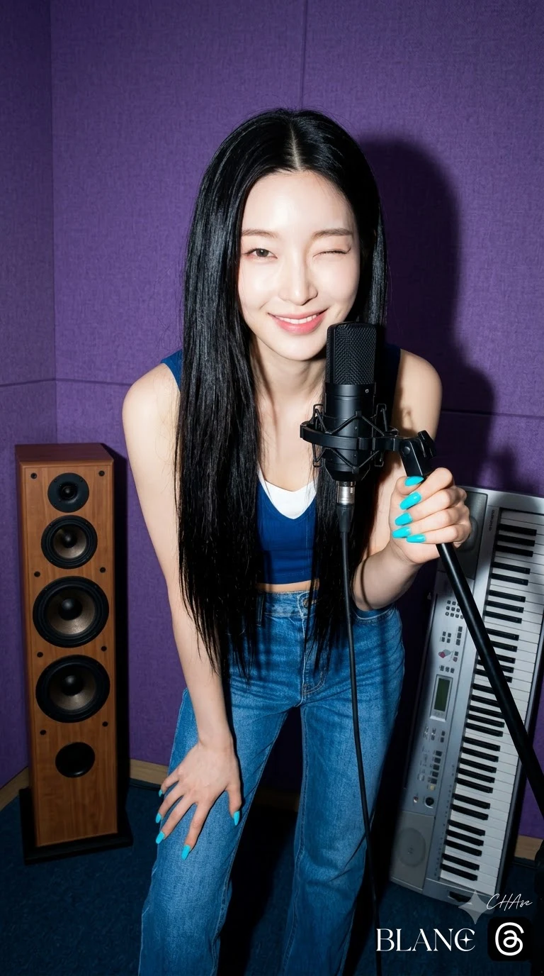 K-pop artist winking in purple studio