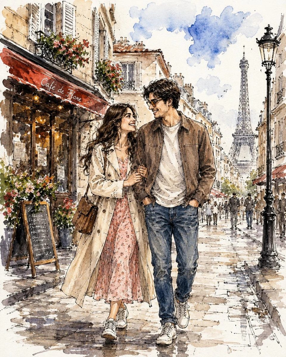 romantic couple walking paris watercolor