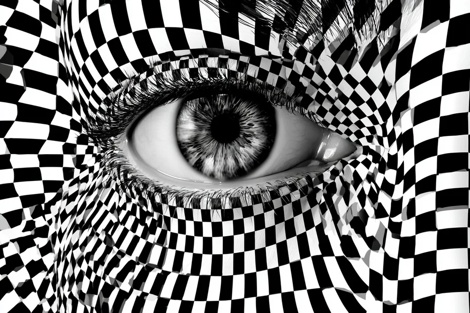 Optical illusion eye with checkered pattern