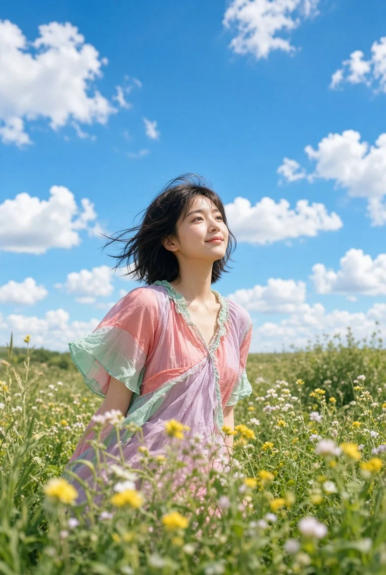 young Asian woman in a summer wildflower field