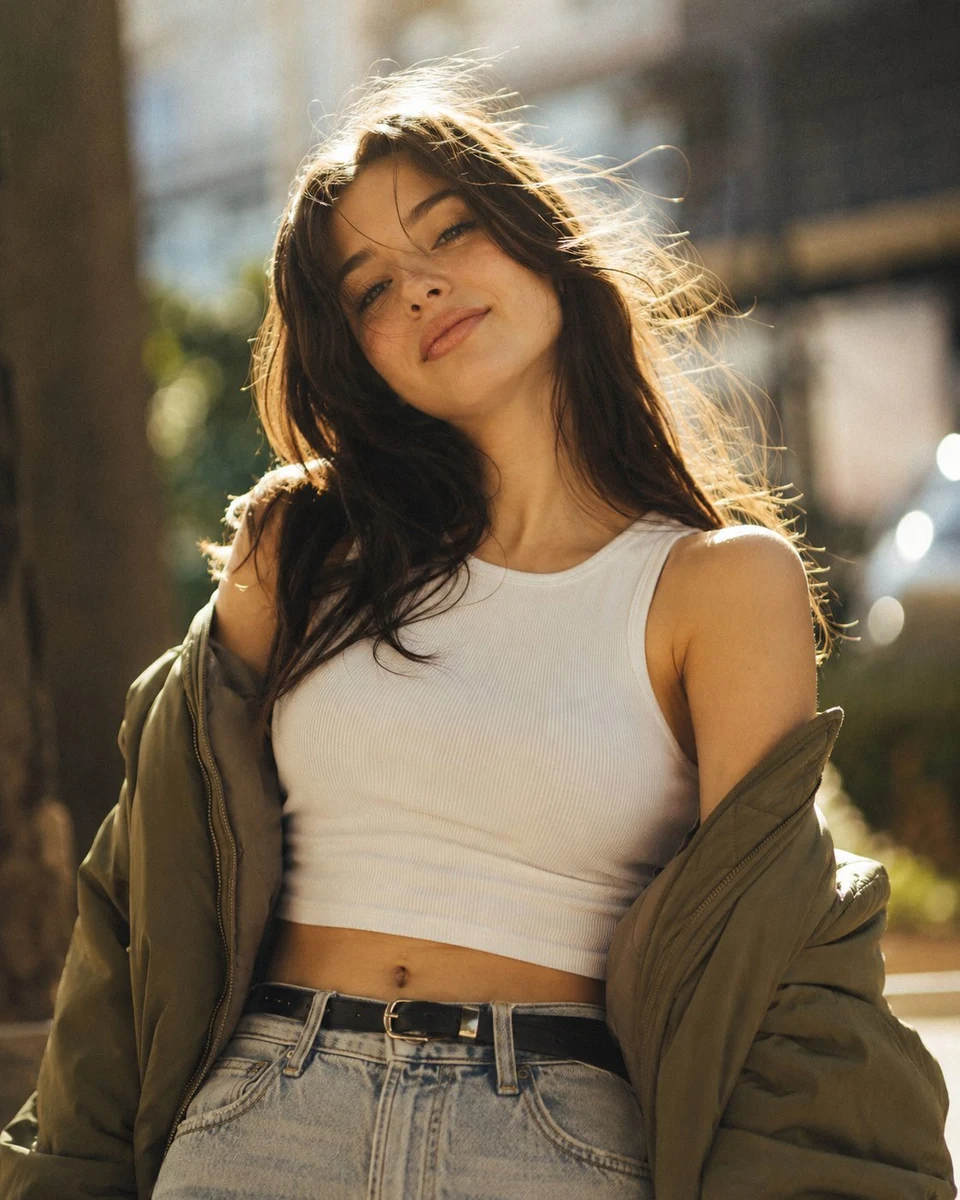 Golden hour editorial portrait of a young woman on