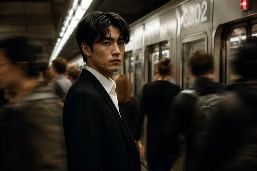 cinematic portrait of young man in subway station