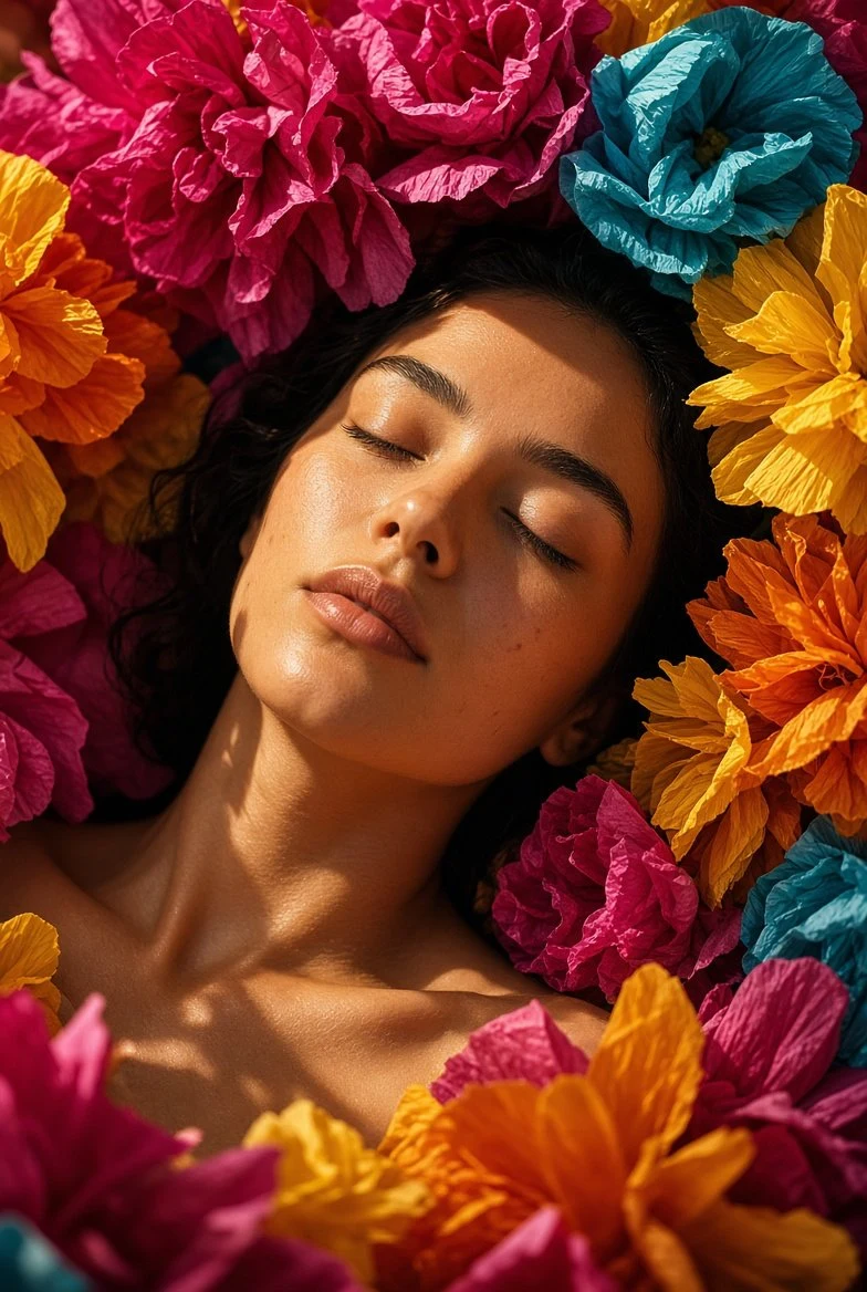 Close-up portrait of serene woman surrounded by