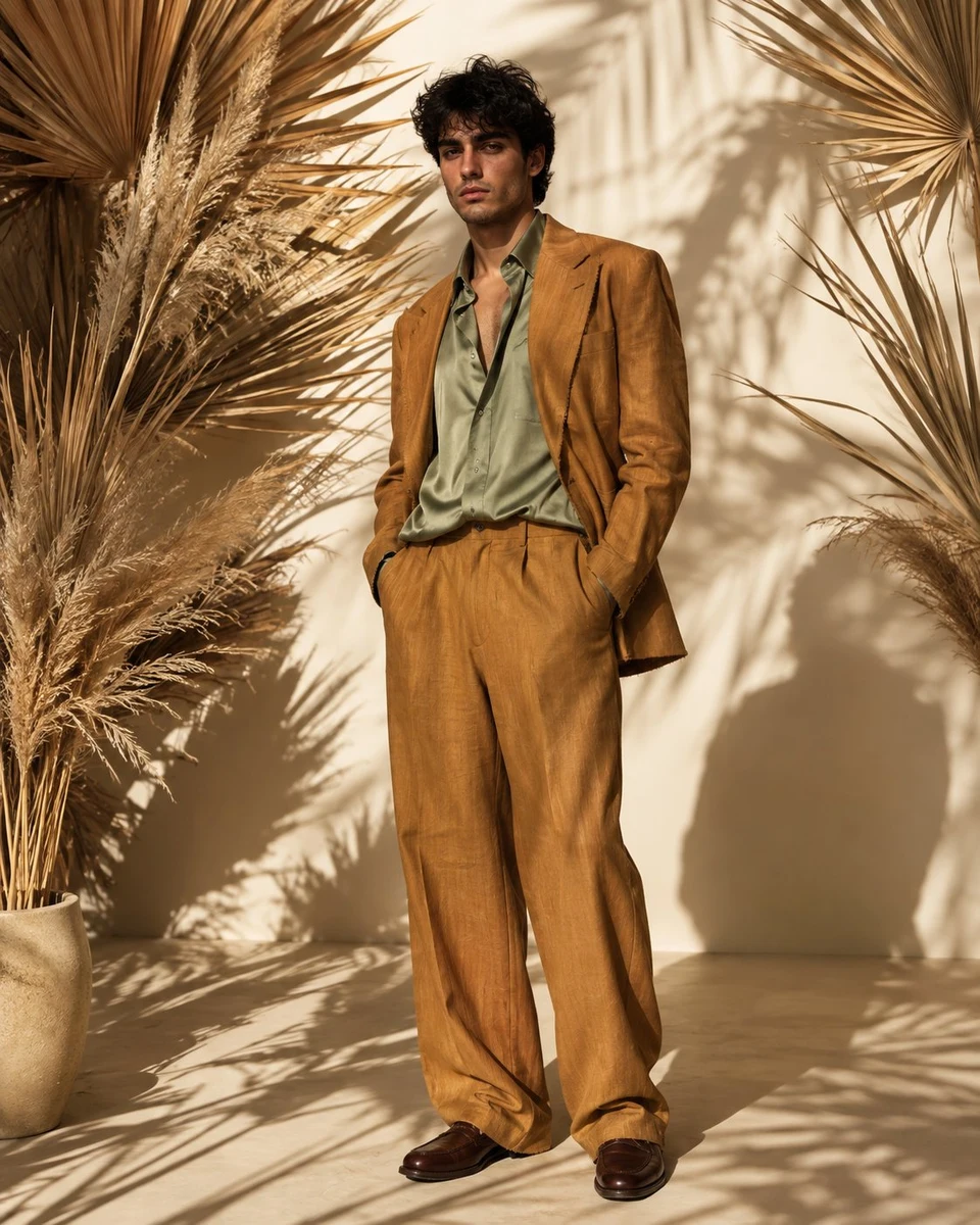 luxury menswear fashion model in linen suit
