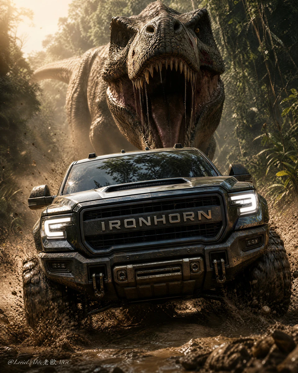 Cinematic off-road truck poster with roaring T-Rex