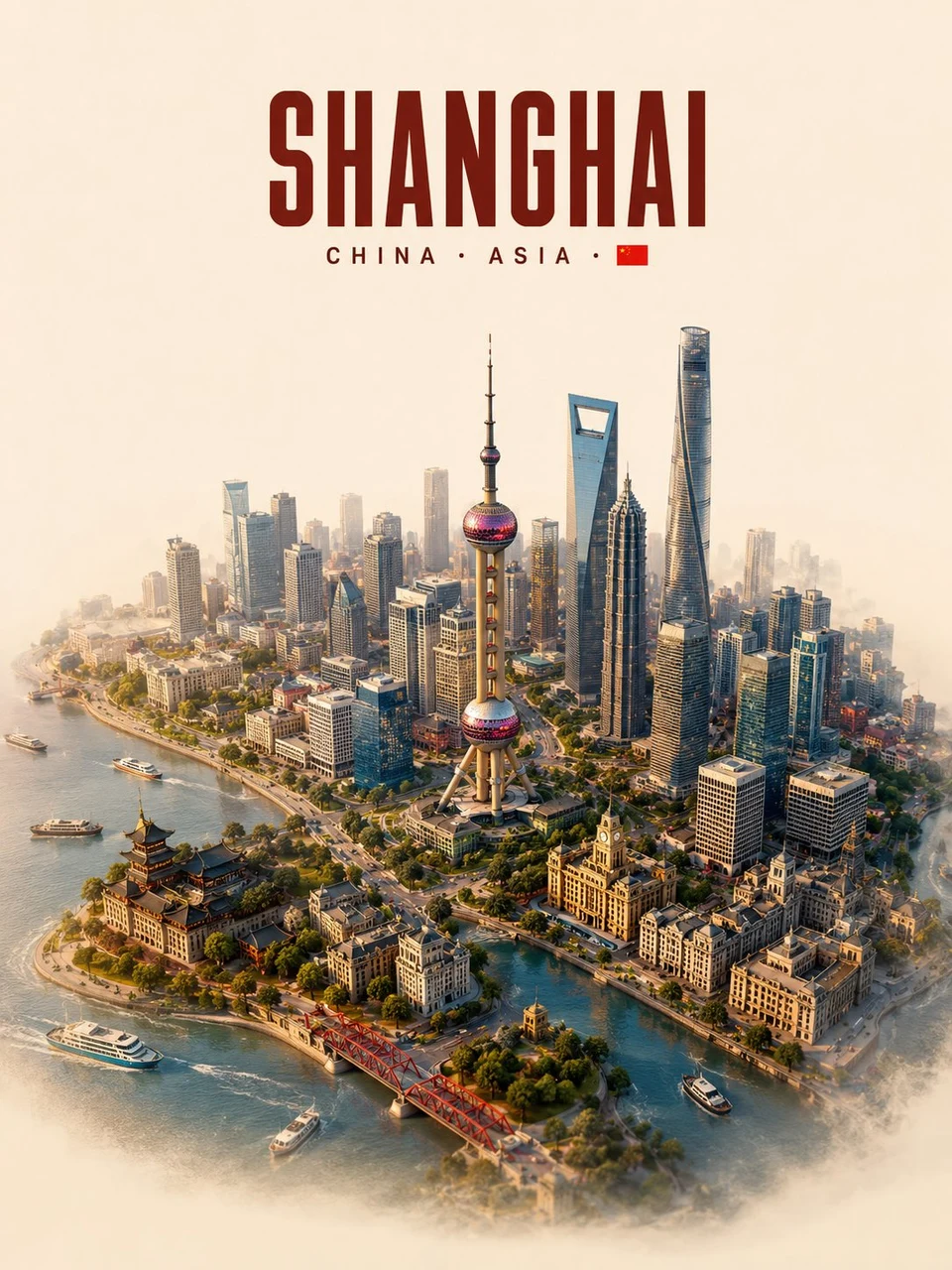 Shanghai skyline 3d miniature diorama poster