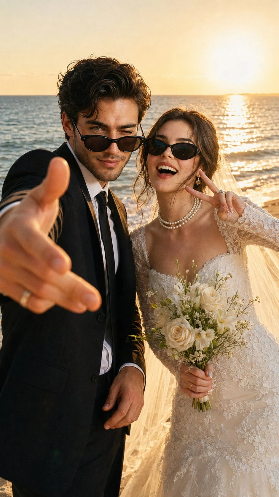 Cinematic retro beach wedding editorial portrait