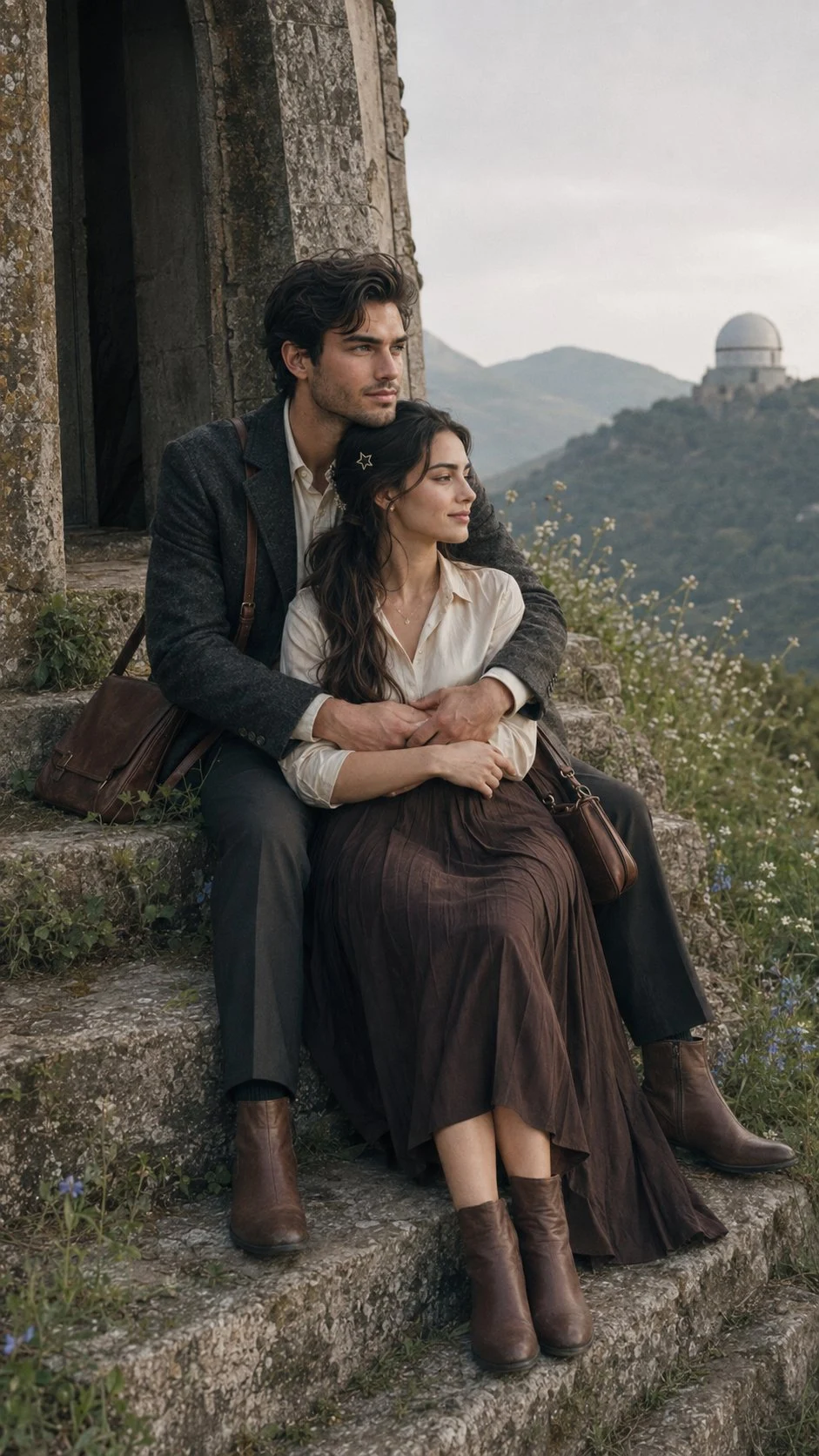 Romantic couple embracing on stone steps at mountain