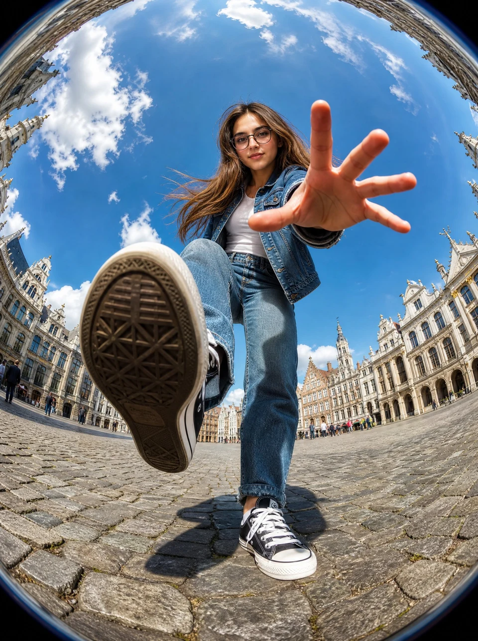 Fisheye Street Portrait of Girl in Blue Denim Jacket