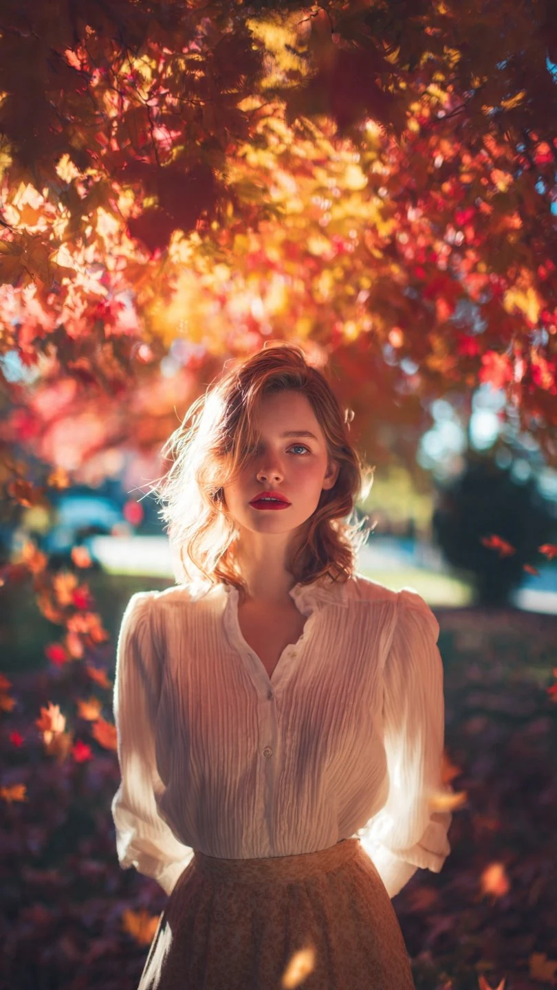 Autumn portrait of young woman with red lips in