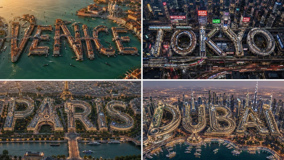 Aerial city typography art grid Venice Tokyo Paris