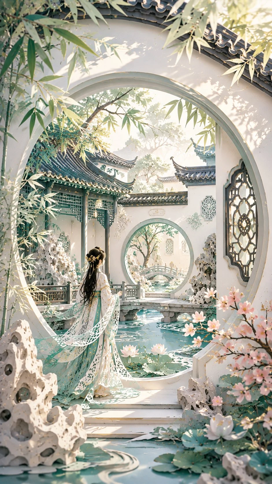 oriental woman in layered paper cut Suzhou garden